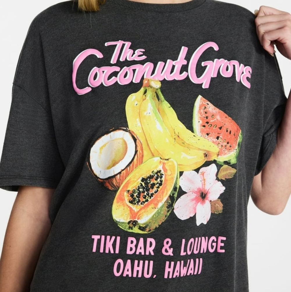 The Coconut Grove Tropical Graphic Tee - Charcoal with Pink Accents